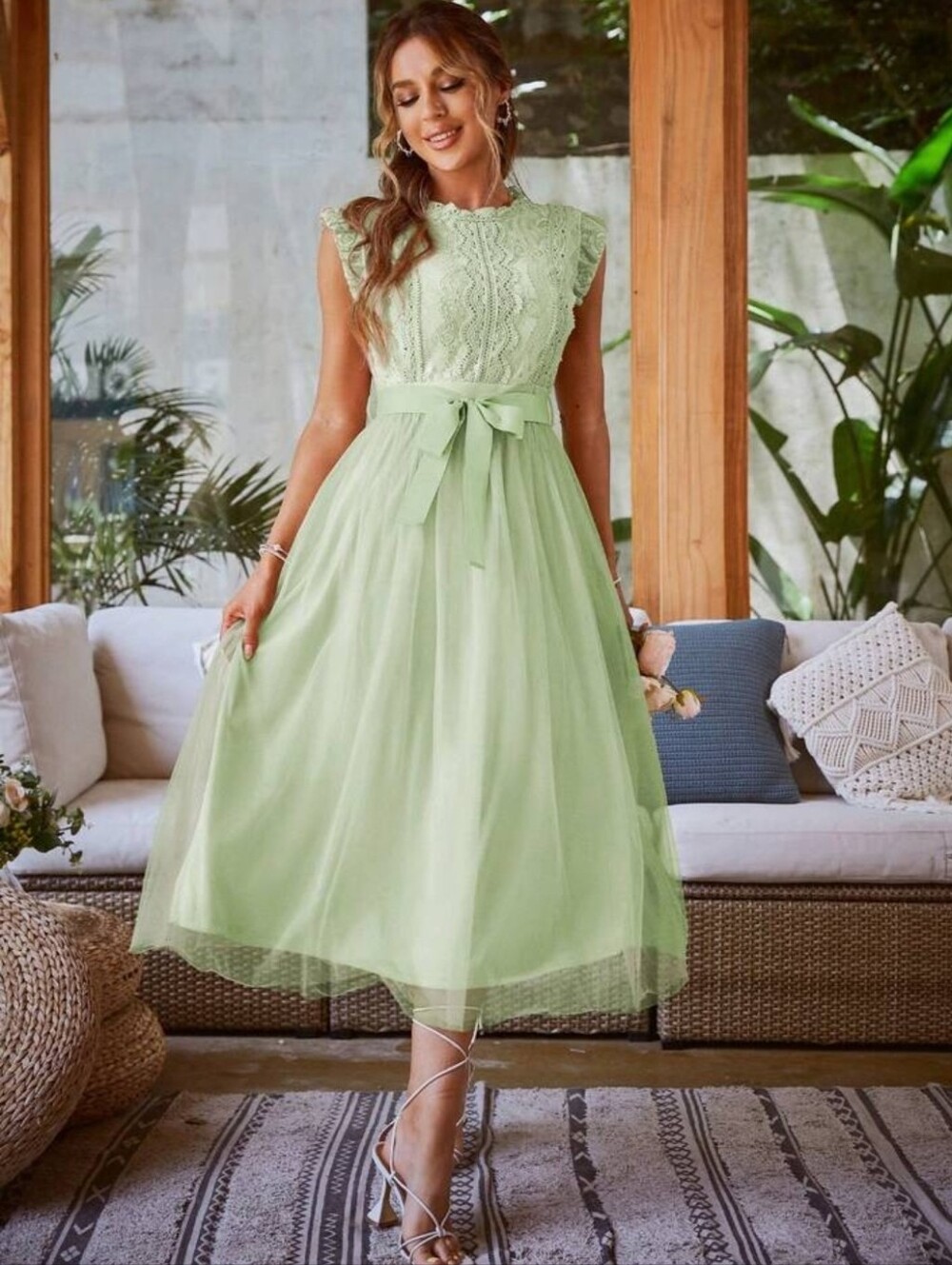 Women's Simplee Brand Contrast Lace Mint Green Belted Mesh Midi Dress | SIZE L